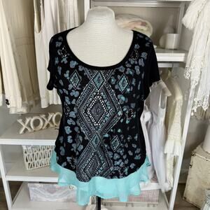 Contemporary Style Signature Studio size 1X  navy turquoise embellished top 3856